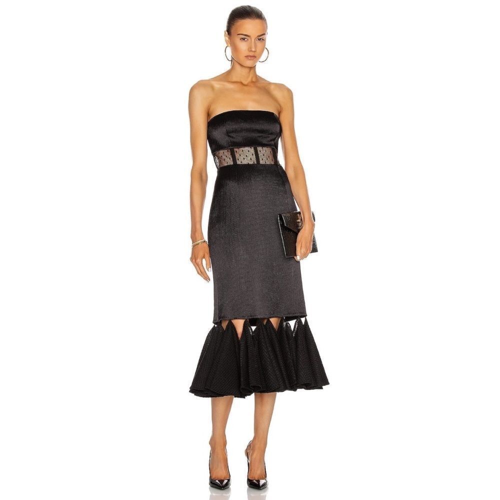 Alexis Black Strapless Midi Dress with Sheer Waist and Fluted Cutout Hem